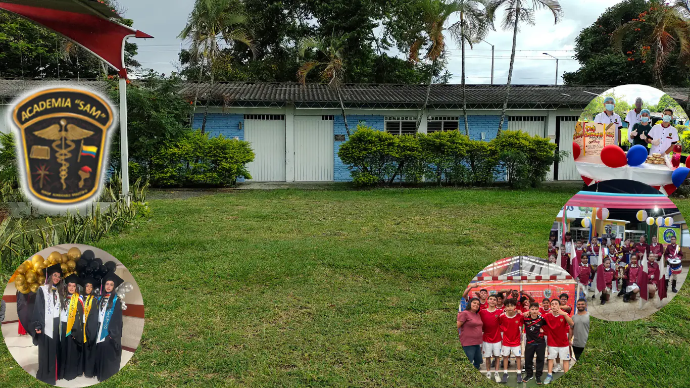 Campus campestre de Academia SAM: zonas verdes, estudiantes en actividades y graduandos
