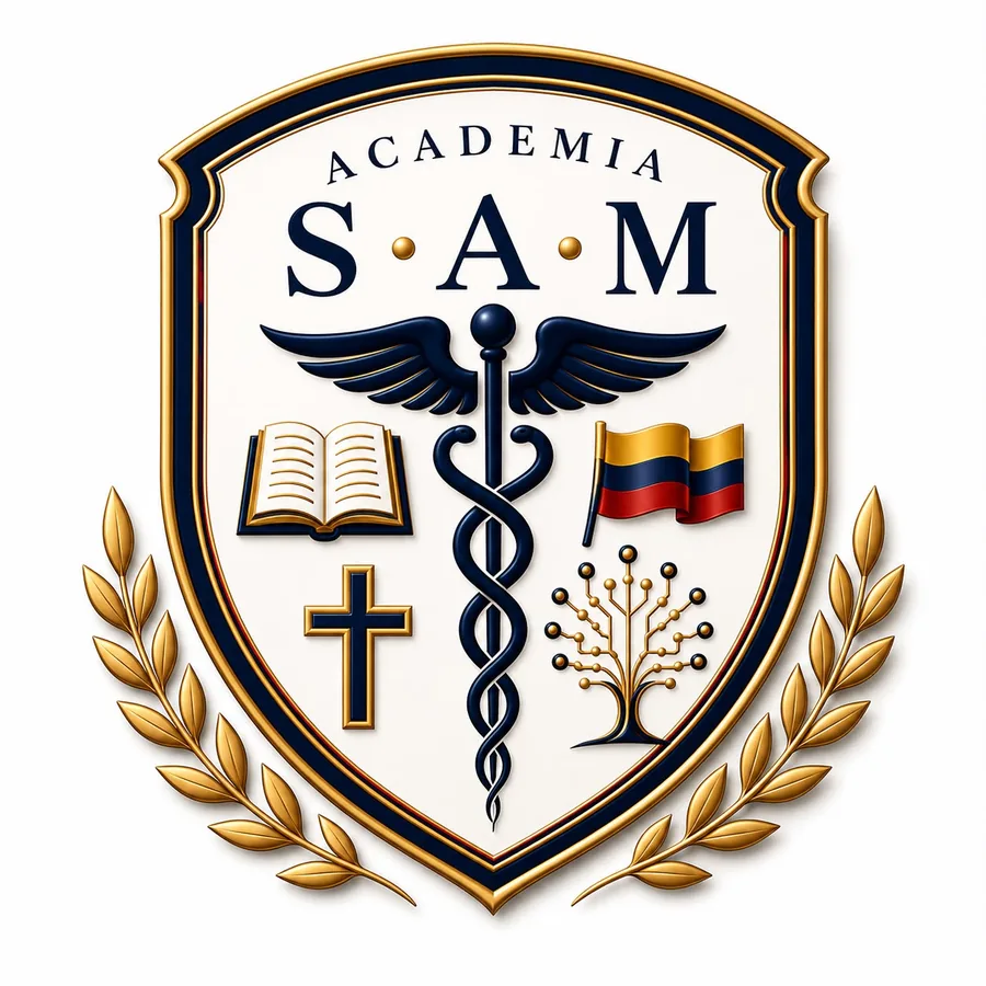 Escudo institucional de Academia SAM: libro abierto, caduceo, bandera de Colombia, cruz y árbol tecnológico entre laureles dorados